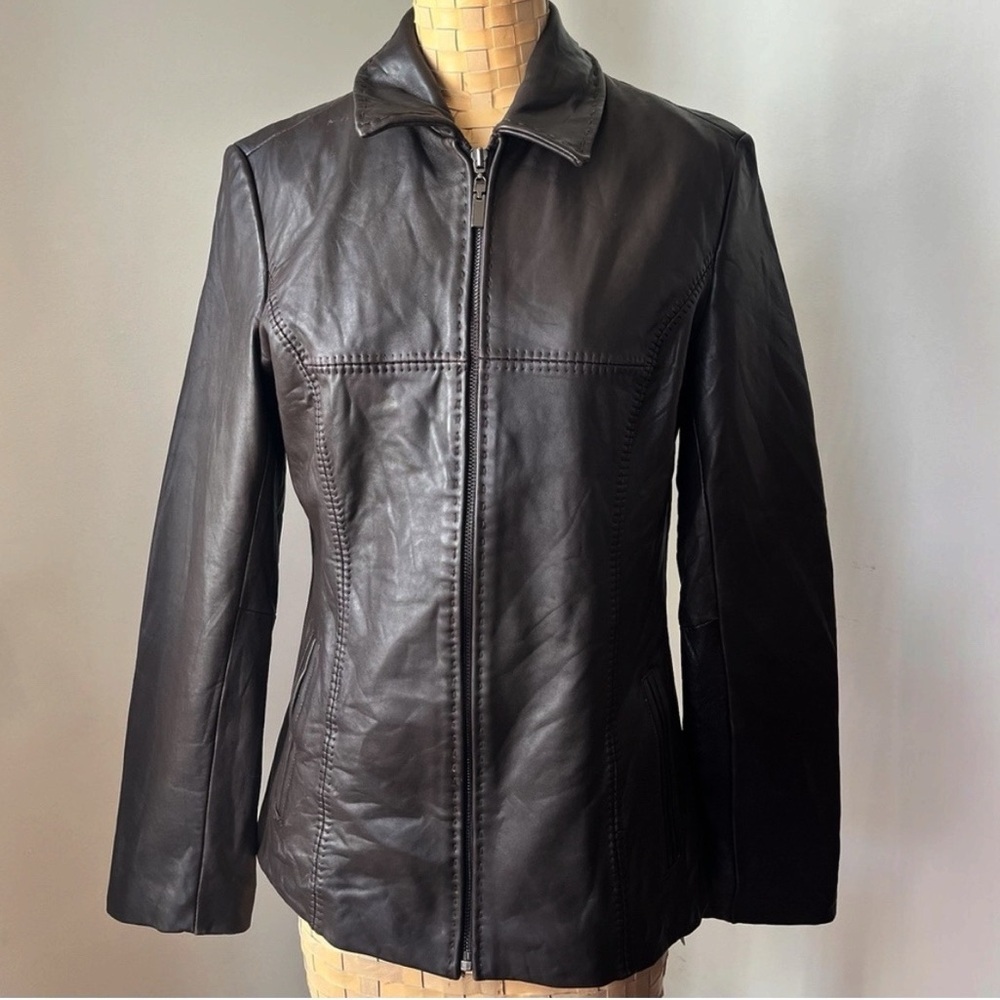 Jones New York Genuine Leather Jacket Brown Fitted Zip Front Vintage Size S